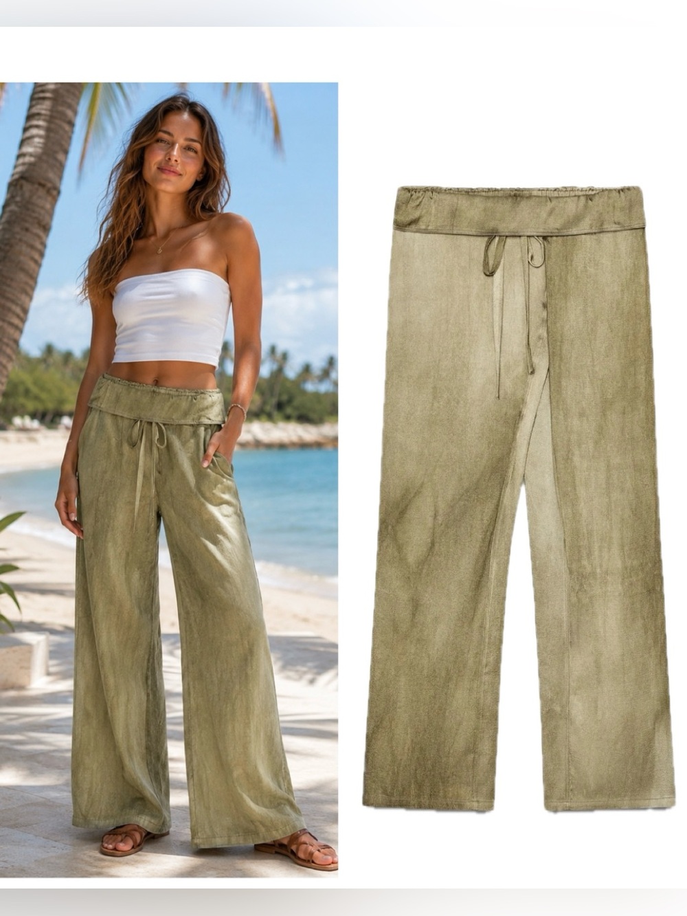 ZARA Olive Green Wide Leg Foldover Waist Resort boho palazzo Pants Sz M NWOT